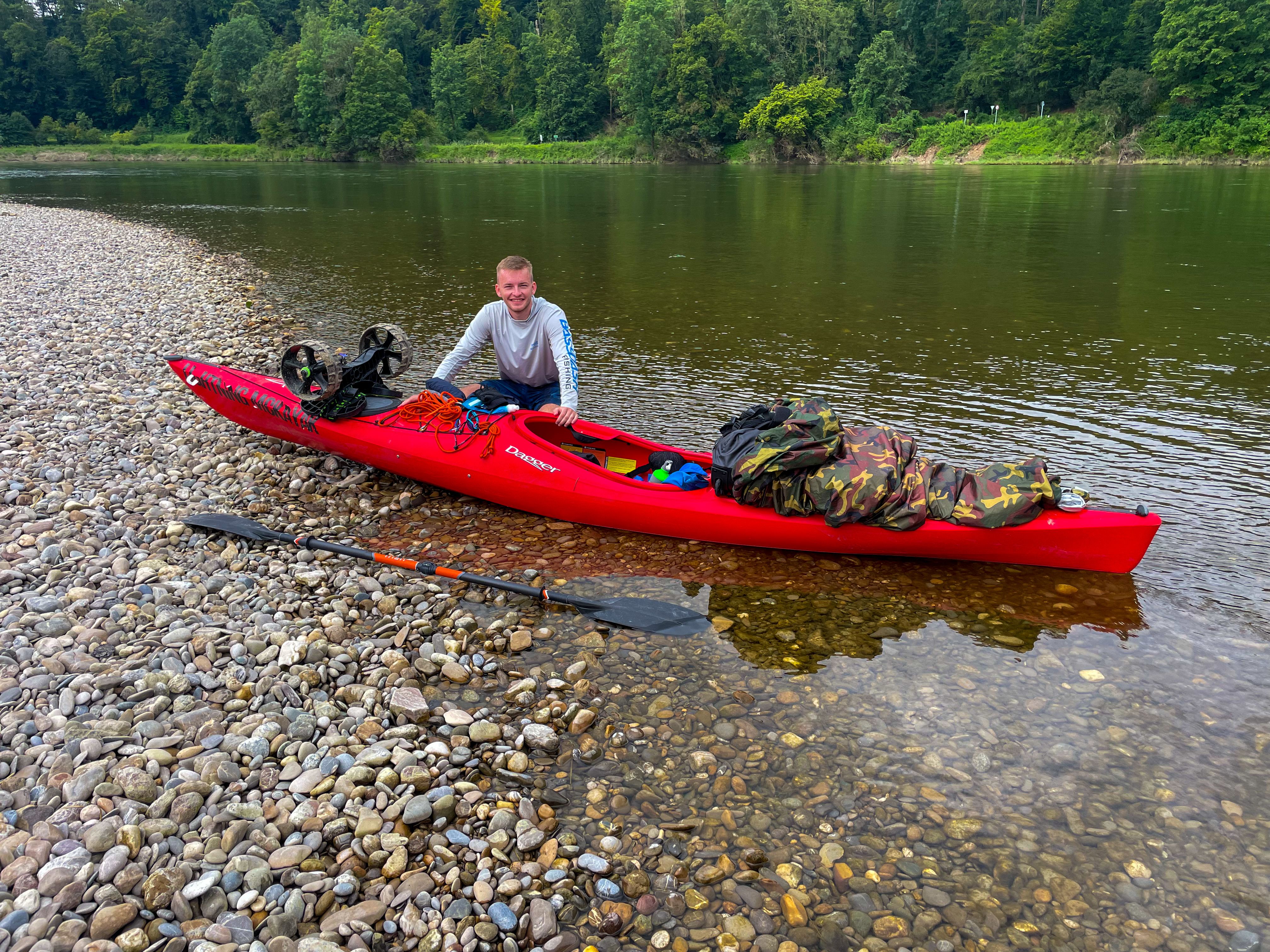 Student with Kayak on shores of the Danube