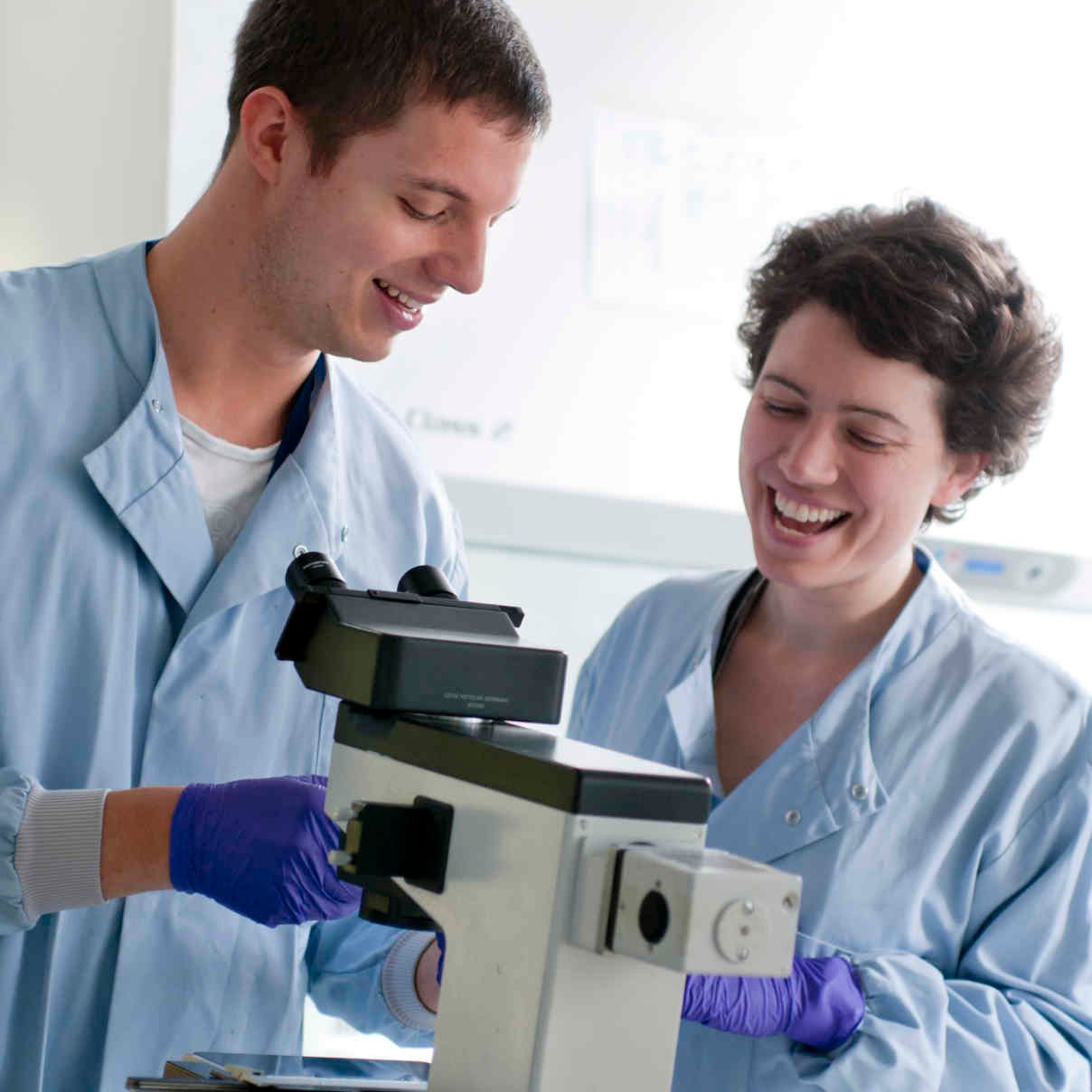 Two scientists by microscope laugh as they look at slide