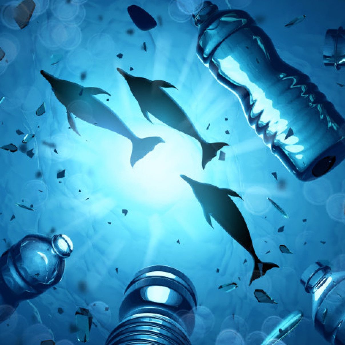 Dolphins swimming in an ocean filled with microplastics and plastic waste. Ocean water pollution concept. 3D illustration.