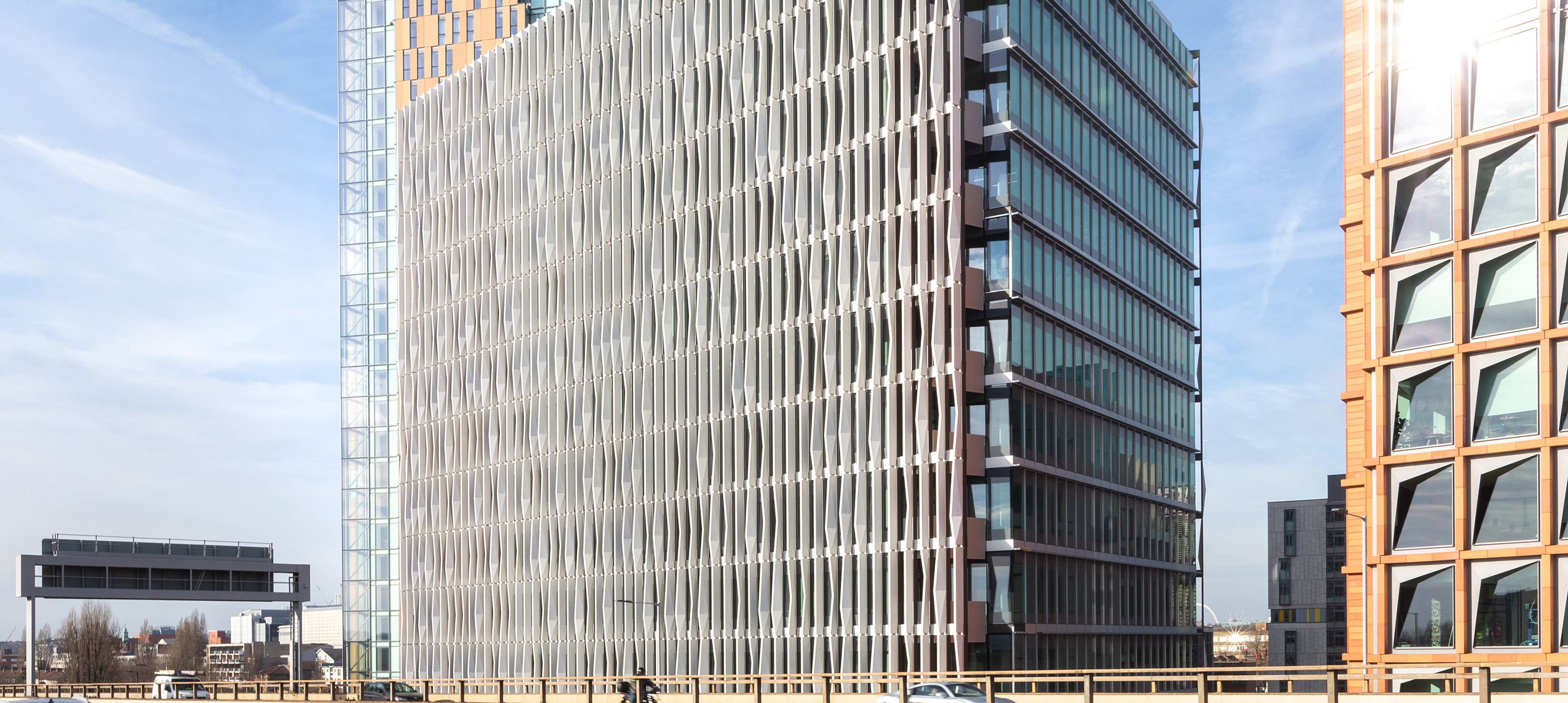 Exterior of the Sir Michael Uren Hub  as seen from the Westway road