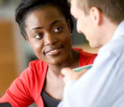 man and woman talking