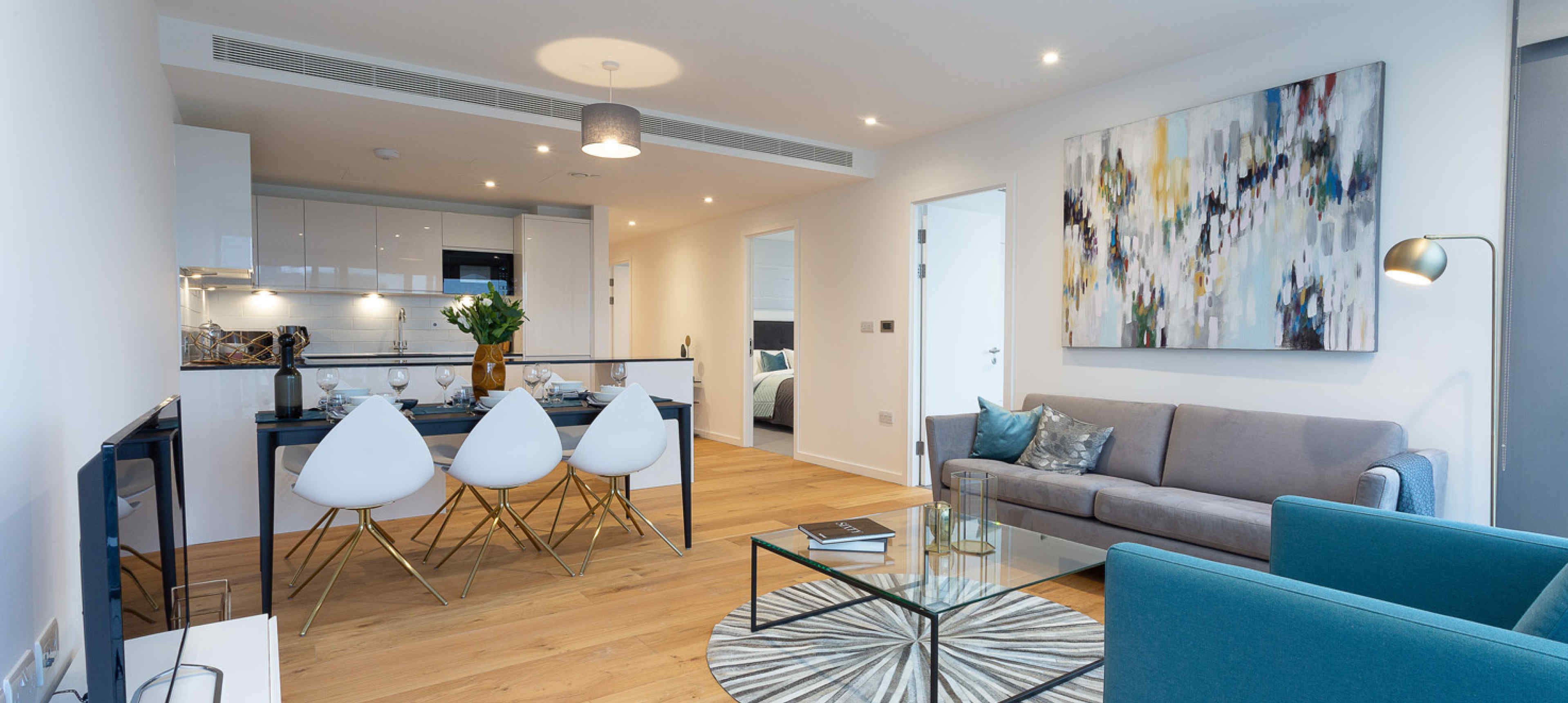 Open plan living and dining room with kitchen at Eighty Eight Wood Lane