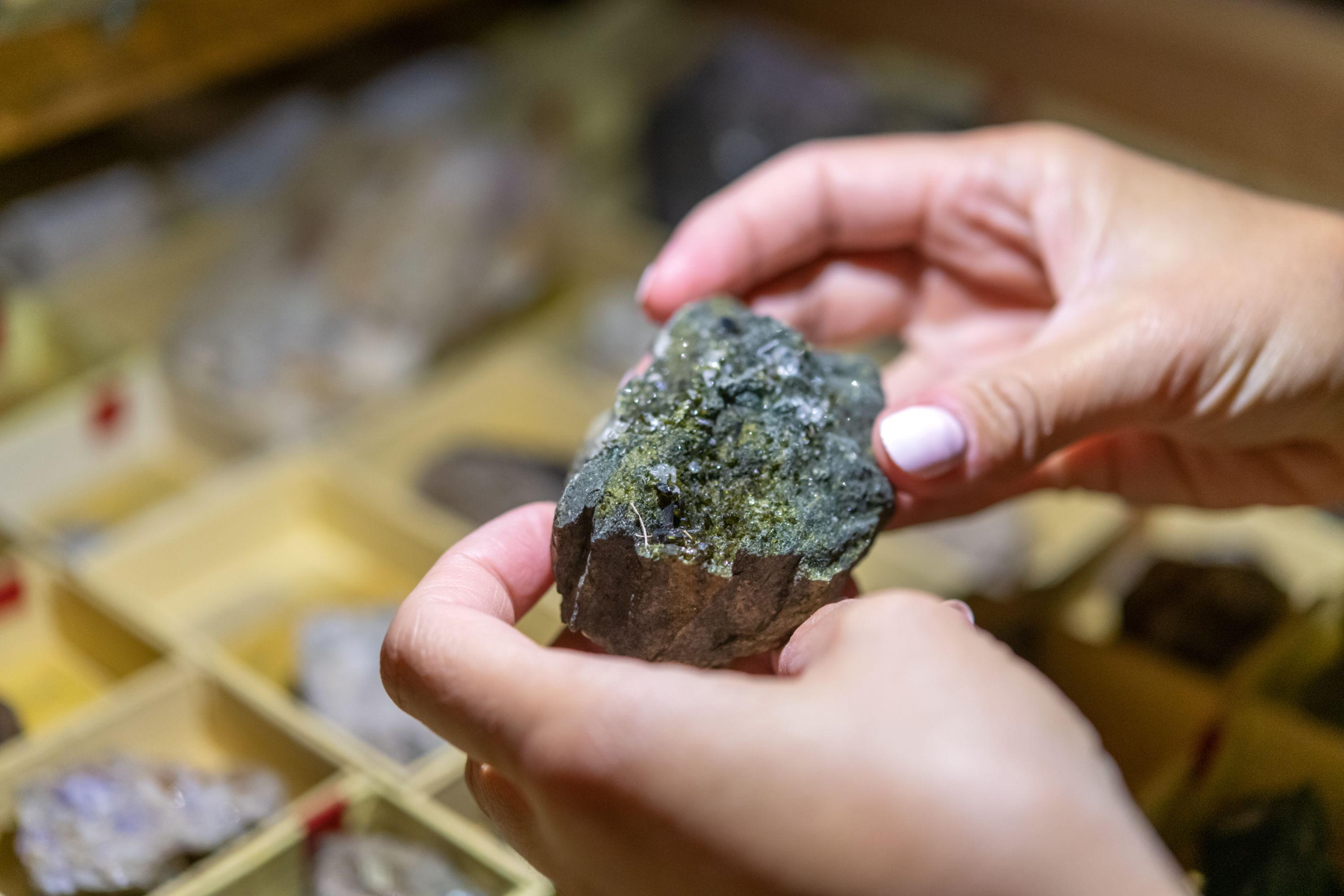 Examining a rock sample in the laboratory