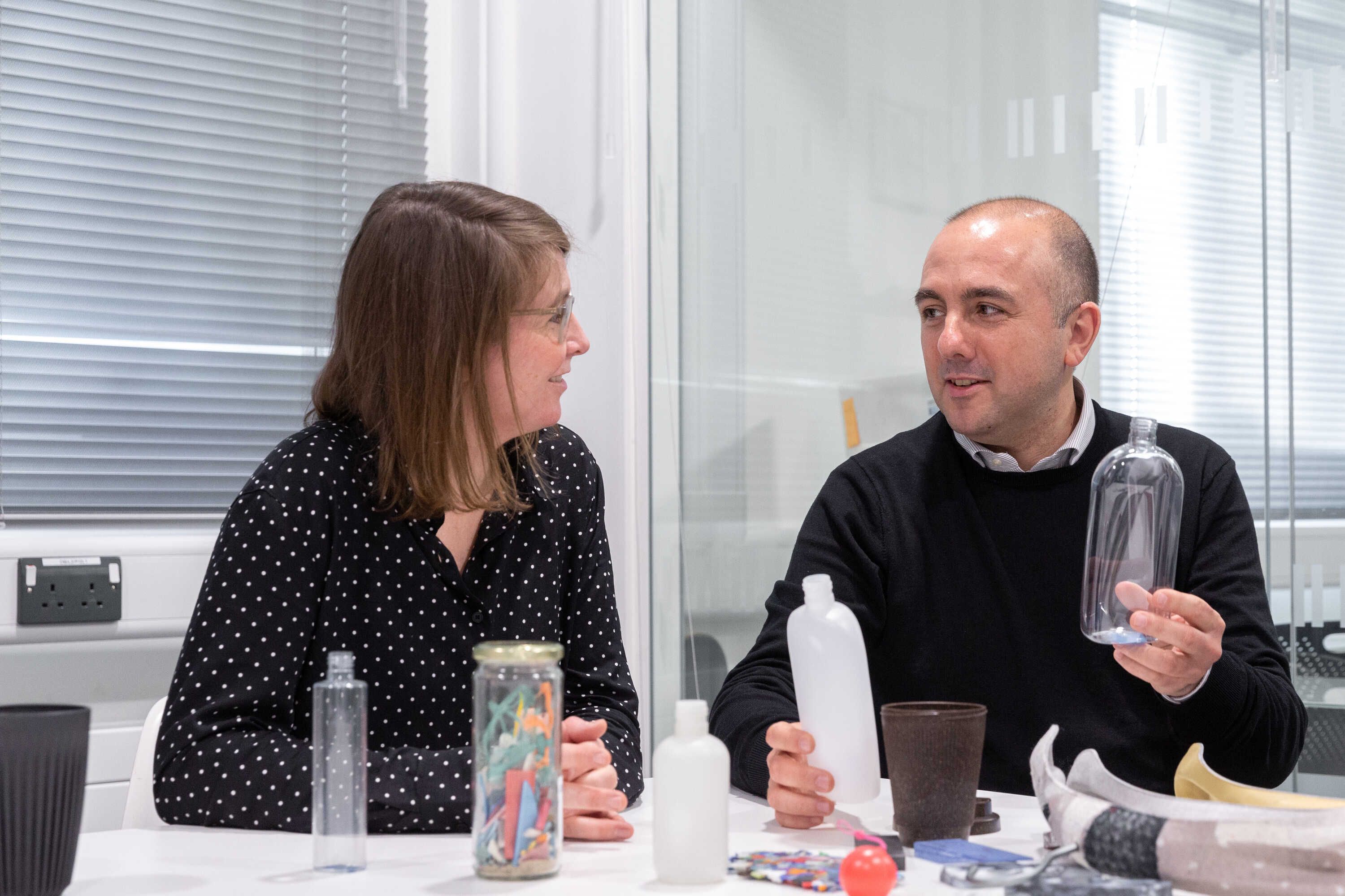 Dr Marco Aurisicchio and Anouk Zeeuw Van Der Laan discussing ways to reduce ocean plastics