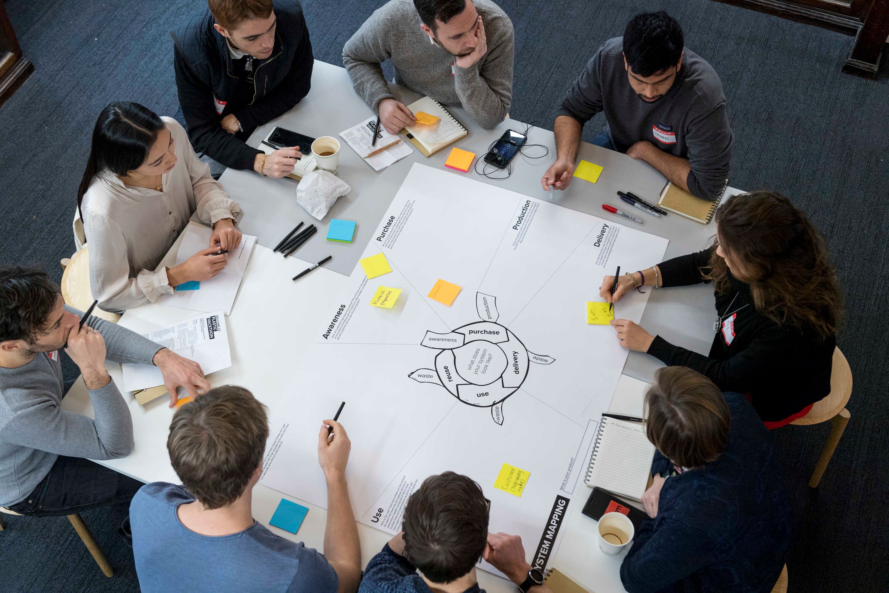 Students and academics around a table at Plastic Hackathon in the Dyson School of Design Engineering