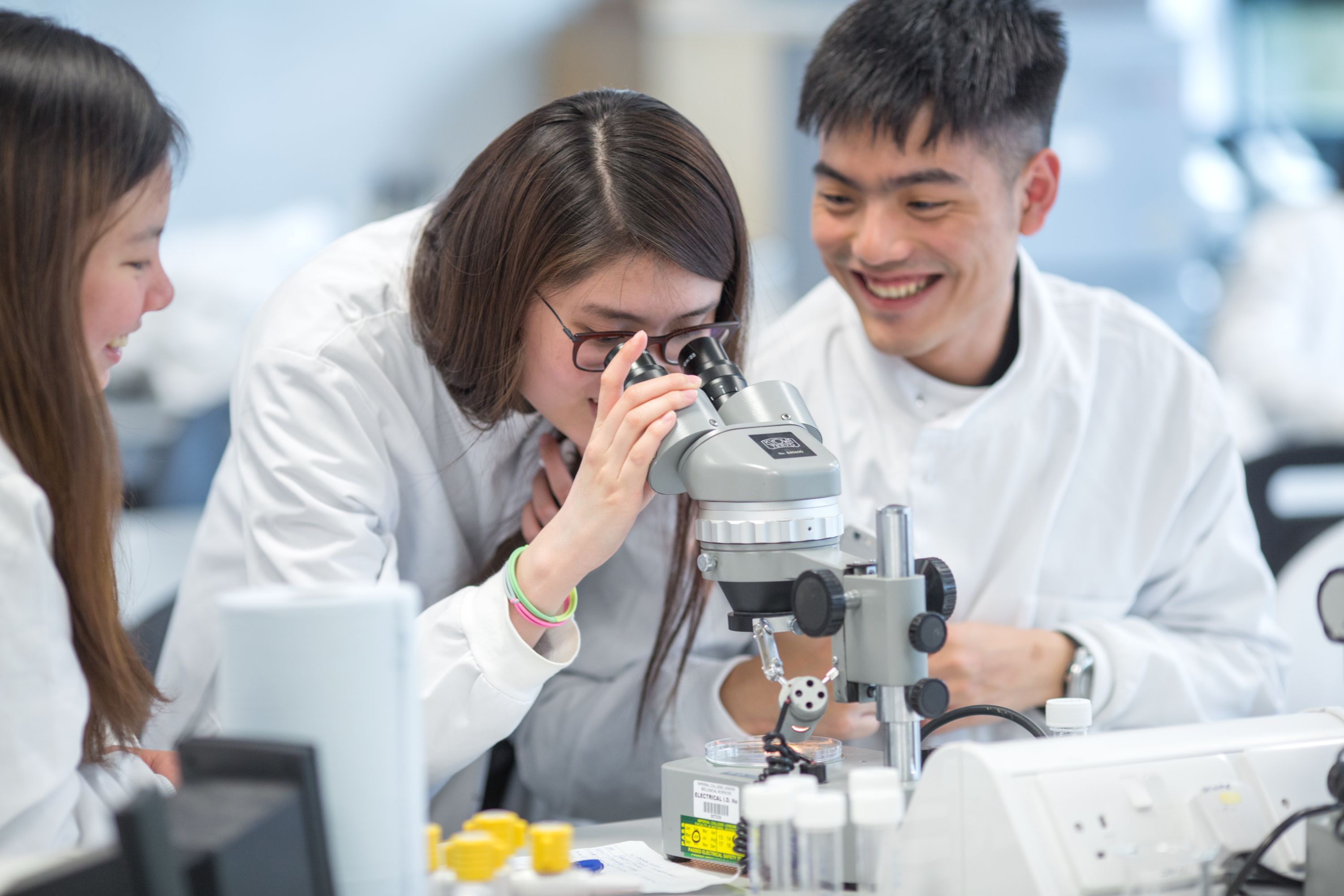 Students examining a specimen through a microscope in the laboratory